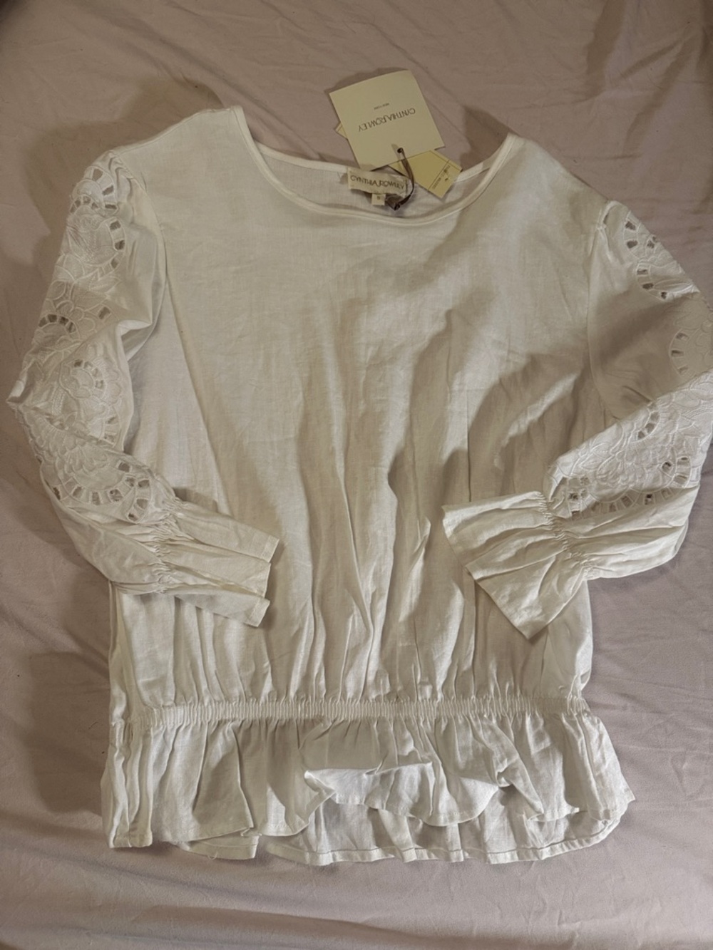 Cynthia Rowley White Eyelet-Sleeve Ruffle-Waist Blouse
